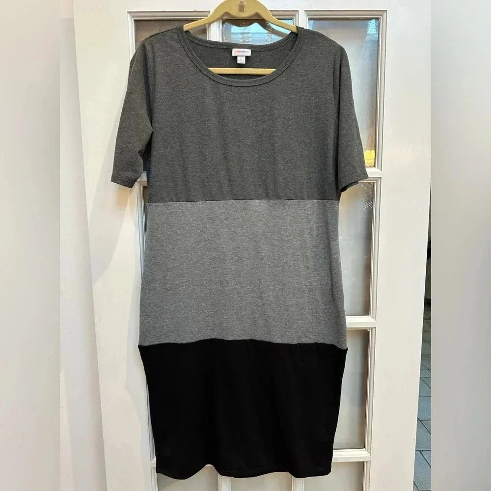 LuLaRoe Grey & Black Color Block Julia Fitted Midi Dress Women’s Size Large L